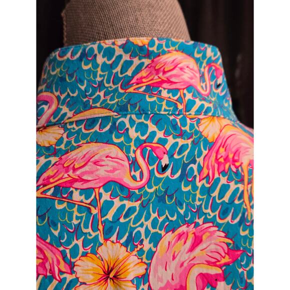 NWOT IBKUL Penny Turquoise Flamingo Long Sleeve Mock Golf Shirt, Size Medium - Picture 6 of 8